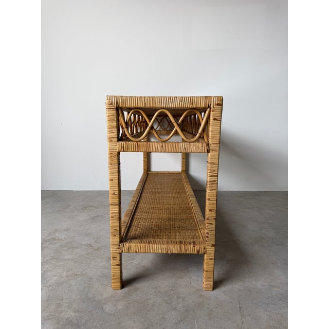 Vintage Coastal Rattan Two-Tier Console Table With Glass Top For Sale - Image 9 of 17