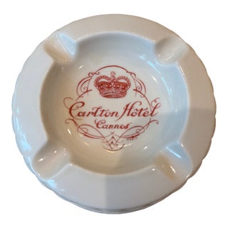 Vintage Carlton Hotel Cannes Ceramic Ashtray With Red Crest Branding For Sale