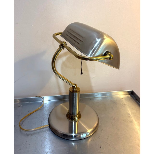 Silver/Brass Banker's Style Desk Lamp For Sale - Image 4 of 6