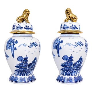 Blue and White Chinoiserie Ginger Jars With Gold Lion Finials – Porcelain Temple Vases For Sale