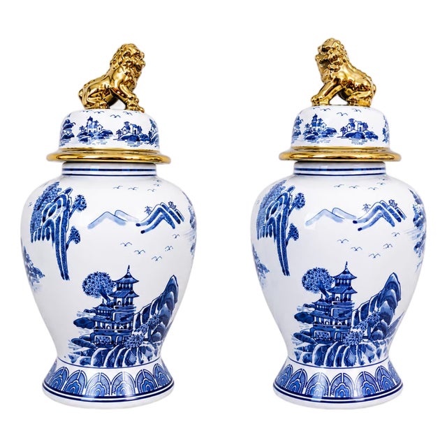 Blue and White Chinoiserie Ginger Jars With Gold Lion Finials – Porcelain Temple Vases For Sale