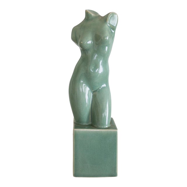 Ceramic Nude Female Sculpture on Plinth With Sage Green Glaze For Sale