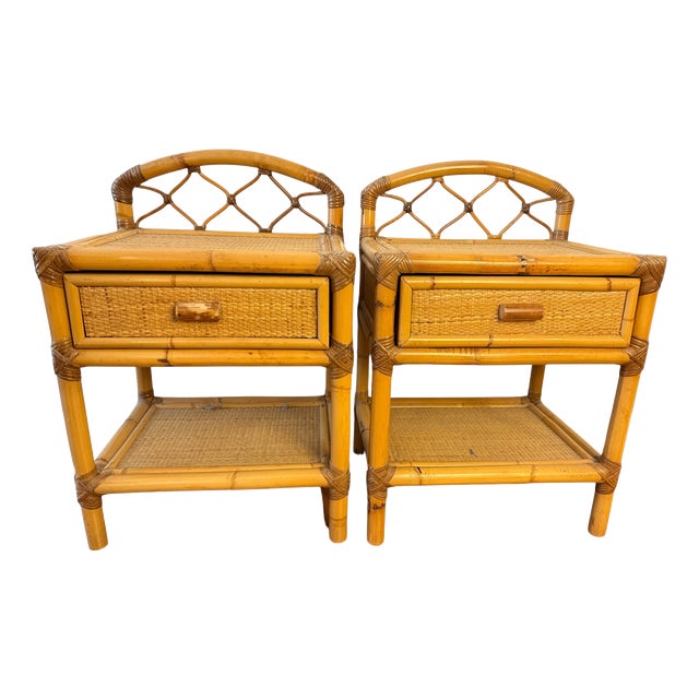 French Rattan Bedside Tables, 1960s, Set of 2 For Sale