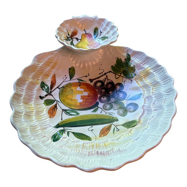 Mid 20th Century Italian Hand-Painted Ceramic Tiered Seafood & Appetizer Server With Pearl Glaze For Sale