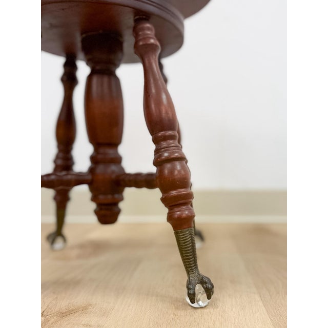 Vintage Victorian Adjustable Piano Stool Brass Claw Ball Feet Turned Wood For Sale - Image 9 of 10