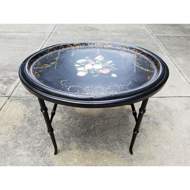 Antique Victorian Paper Mache Mother of Pearl Inlay Coffee Tray Table