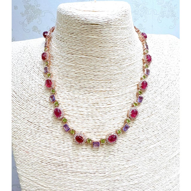 Bochic “Capri” Vintage Ruby, Amethyst, Peridot Necklace Set 18K Gold & Silver For Sale - Image 9 of 10
