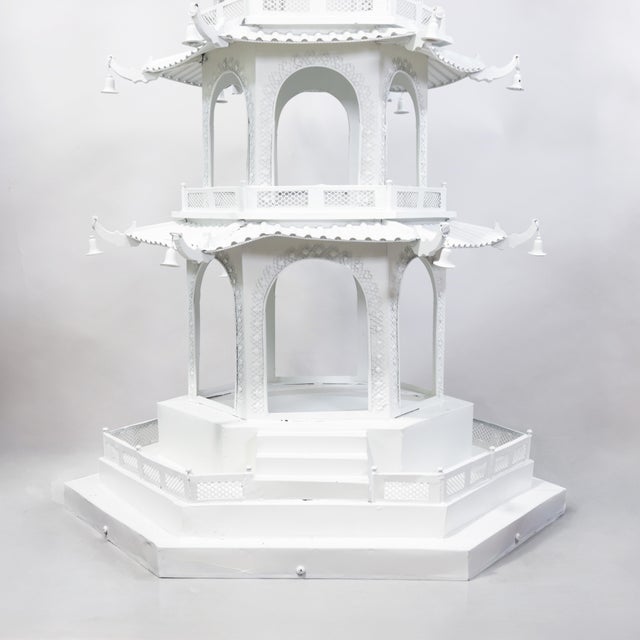 Vintage Large-Scale Seven-Tier Chinoiserie White Painted Tole Pagoda Tower For Sale - Image 12 of 13