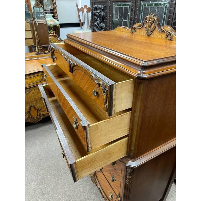 1930s Antique 1930's Bedroom Highboy Dresser Chest of Drawers, Hand Carved Walnut, Burl Inlay For Sale - Image 5 of 13