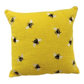 Yellow Throw Pillow With Embroidered Bees For Sale