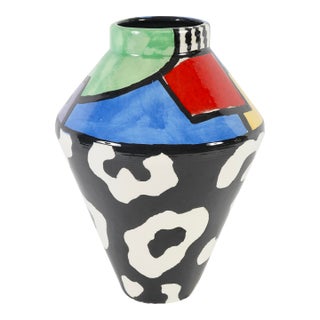 Vintage Hand-Painted Ceramic Art Pottery Vase Reminiscent of Styles From Mexican Art Pottery For Sale