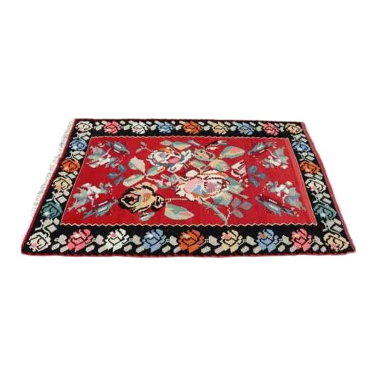 Mid Century Modern Kilim Wool Area Rug Red Hand Made in Turkey Floral Pattern For Sale