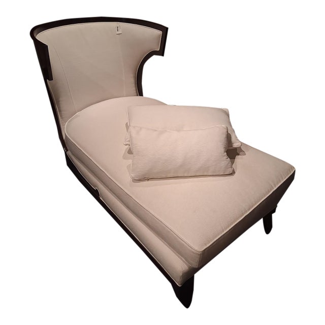 Baker Furniture Ivory Upholstered Chaise Lounge With Dark Wood Frame For Sale
