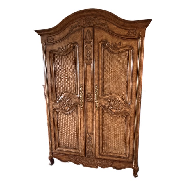 Maitland-Smith Carved Walnut and Rattan Dry Bar Armoire Cabinet For Sale