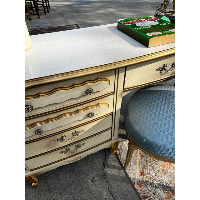 Vintage Regency White Wooden Desk With Gold Accents and Matching Chair- Needs Reupholstery For Sale - Image 4 of 8