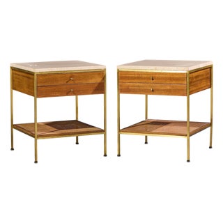 Paul McCobb for Calvin Irwin Group Model 8714 Mid Century Bleached Mahogany, Cane, Brass and Travertine Nightstand - Pair For Sale