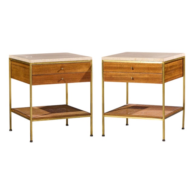 Paul McCobb for Calvin Irwin Group Model 8714 Mid Century Bleached Mahogany, Cane, Brass and Travertine Nightstand - Pair For Sale