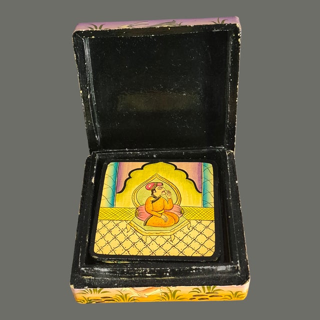 Vintage Bohemian Hand Painted Lacquer Mughal-Style Kashmiri Paper Mache Box W/6 Coasters For Sale - Image 4 of 11