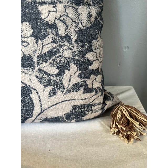 Early 21st Century Blue and Off-White Decorative Tasseled Throw Pillow With Distressed Damask Pattern For Sale - Image 5 of 10