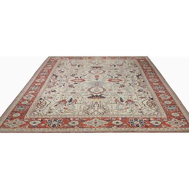 ACTUAL SIZE: 11’8″ x 14’10” PRIMARY COLOR: Ivory / Rust AGE: New (It's made in 1990s and never been used) ORIGIN: Pakistan...