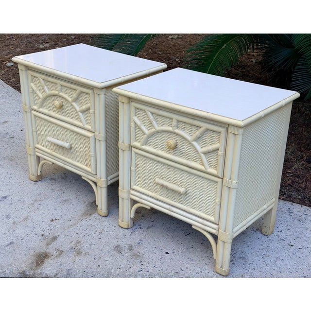 Boho Chic Pair of Faux Bamboo Woven Rattan Nightstands For Sale - Image 3 of 12