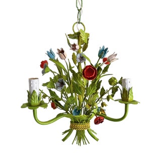 Mid-Century Floral Bouquet 3-Light Chandelier in Green Painted Tole Metal, 1960s For Sale
