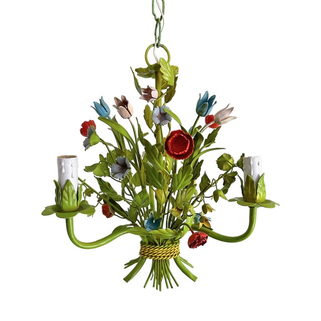 Mid-Century Floral Bouquet 3-Light Chandelier in Green Painted Tole Metal, 1960s For Sale