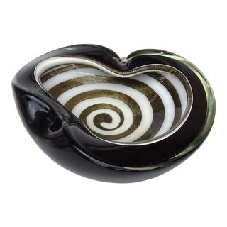 Barbini Murano Vintage Black White Optic Swirl Gold Flecks Italian Art Glass Psychedelic Bowl Ashtray For Sale