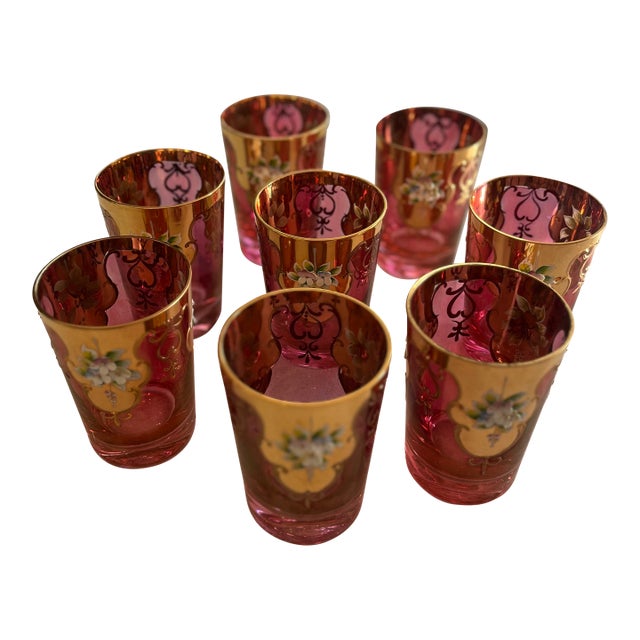 Vintage Bohemian Cranberry & Gold Enamel Tumblers – Set of 8 For Sale