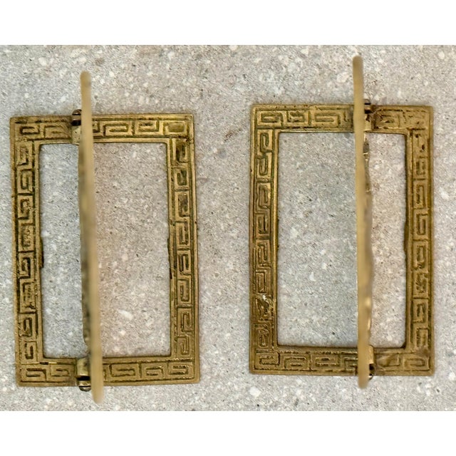 Vintage Chinoiserie Brass Horse Bookends With a Cut-Out Design of Galloping Horses Surrounded by a Greek Key Border-a Pair For Sale - Image 10 of 12