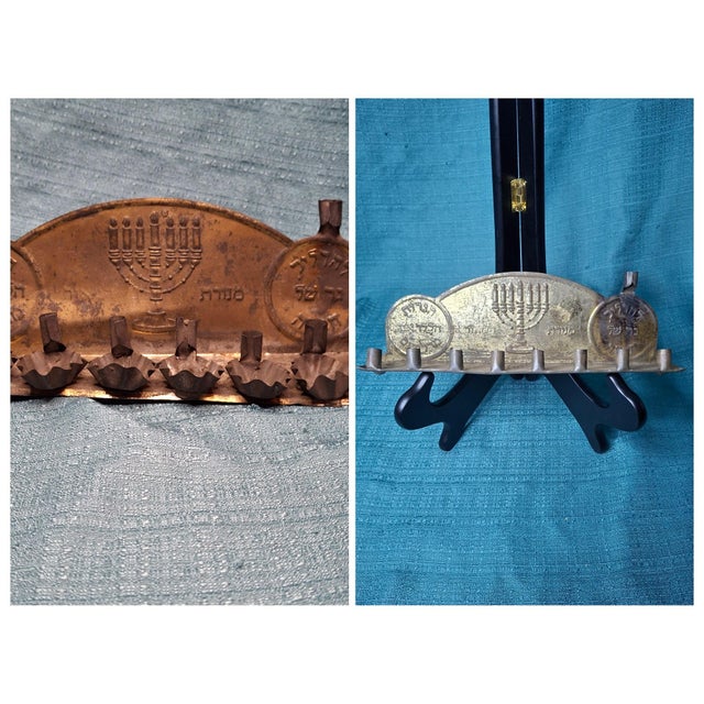 American Rare 1909 Tobias Cohen Menorah Set Smithsonian Match Patented Oil & Candle Lamps For Sale - Image 3 of 18