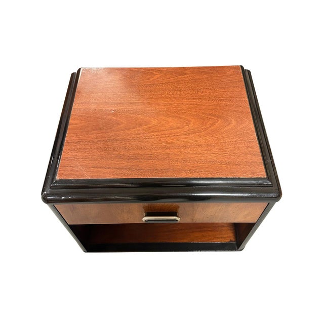 Chestnut Pair of Two Toned Art Deco Cherry Wood & Lacquer Bedside Tables W/ Stepped Top For Sale - Image 8 of 12