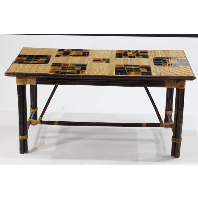 Dining Table in Stained Rattan, Bamboo and Ceramic by Adrien Audoux and Frida Minet, 1950s For Sale - Image 4 of 13