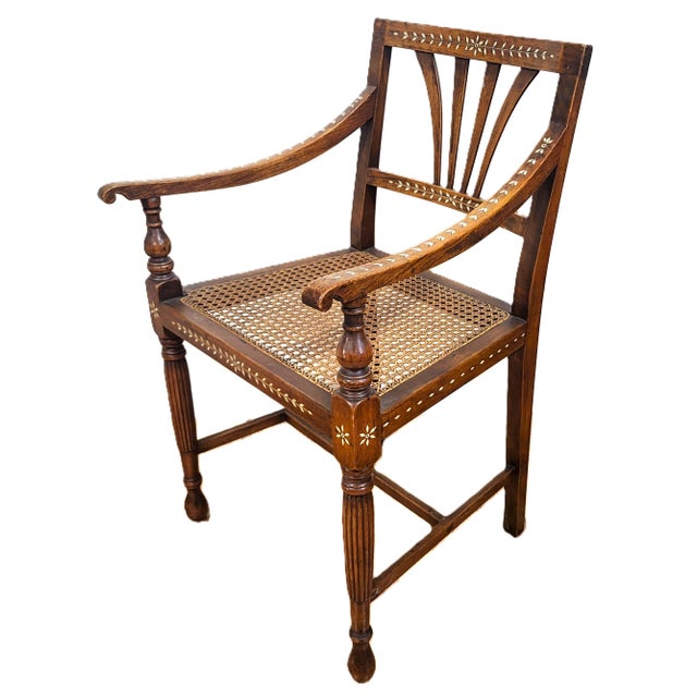 Early 20th Century Antique English Anglo - Indian Carved & Inlaid Caned Seat Desk Armchair For Sale - Image 5 of 18