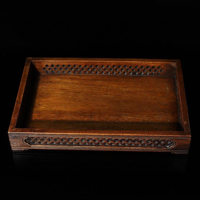 A beautifully crafted Chinese rectangular tray or display stand, likely made of Huali (rosewood). The piece features a low...