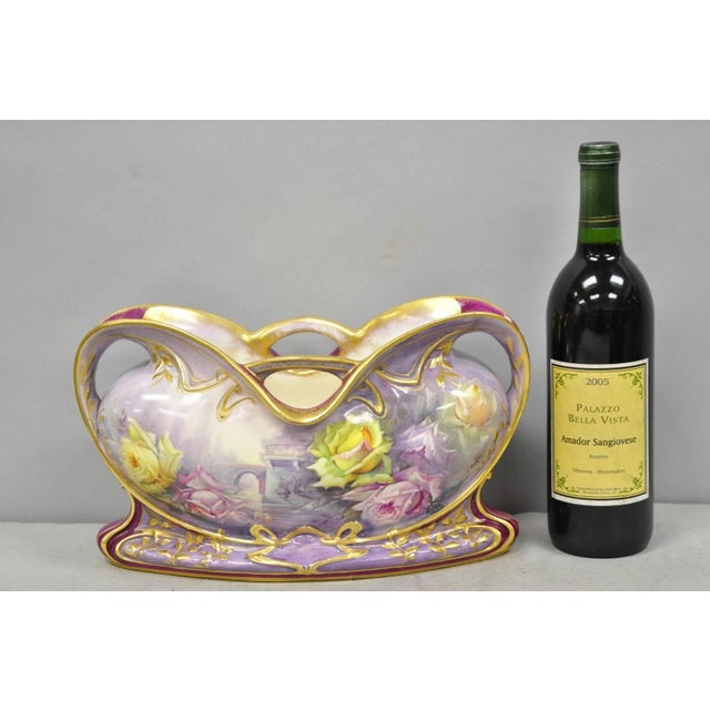 Antique Franz Anton Mehlem Royal Bonn Germany Art Nouveau Hand Painted Porcelain Purple Twin Handle Jardinière Vase. Circa...