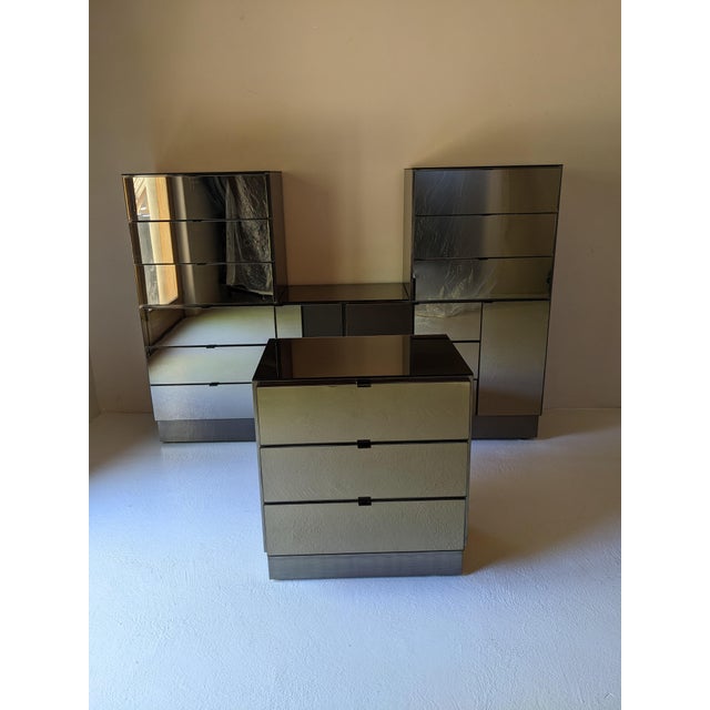 Ello Furniture 1980s Ello Gunmetal Stainless & Smoked Mirror Three Drawer Night Stand or Cabinet, Attributed For Sale - Image 4 of 7