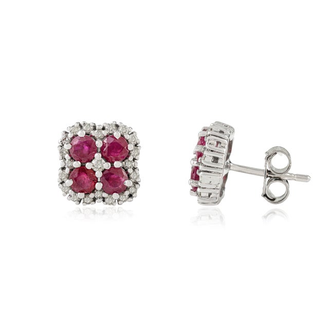 Art Deco Cluster Design 925 Silver Ruby & Halo Diamond Stud Earrings by Carat&Her- A Pair For Sale - Image 3 of 9