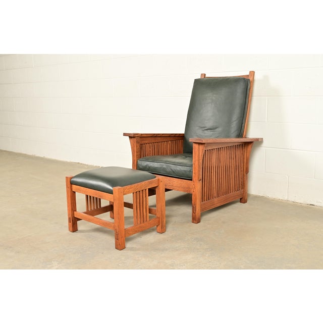 An exceptional Mission or Arts & Crafts Morris reclining lounge chair with ottoman By L. & J.G. Stickley USA, 2002 Solid...
