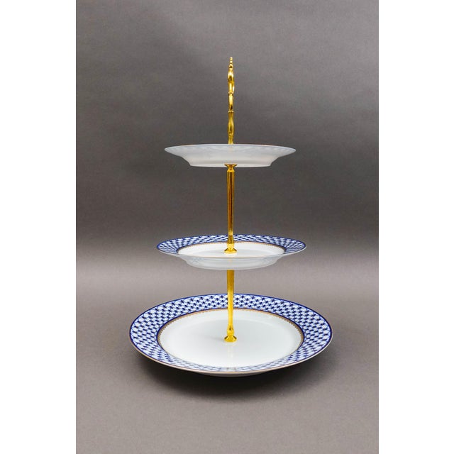Lomonosov Russia Cobalt Blue Gold Net Imperial Porcelain 3 Tier Dessert Sweet Pastry Cake Fruit Stand Server. Measures...
