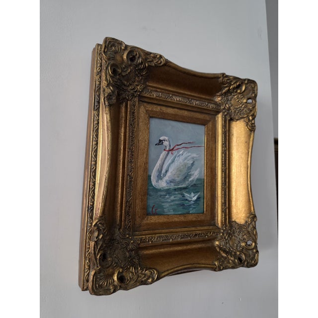 Wood Vintage Ornate Gold Picture Frame With Original Swan Oil Painting, Baroque Wall Art, Gilded Hollywood Regency Decor For Sale - Image 7 of 9
