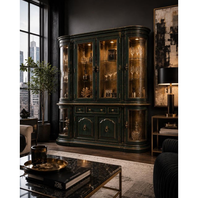 Mid 20th Century Emerald City Curved Glass Display Hutch / Hollywood Regency China Cabinet in Oxidized Emerald & Gold For Sale - Image 4 of 4