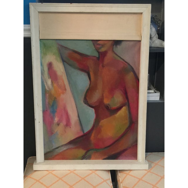1970s Abstract Nude in Window Sill Frame With Canvas Window Shade Painting For Sale - Image 11 of 11