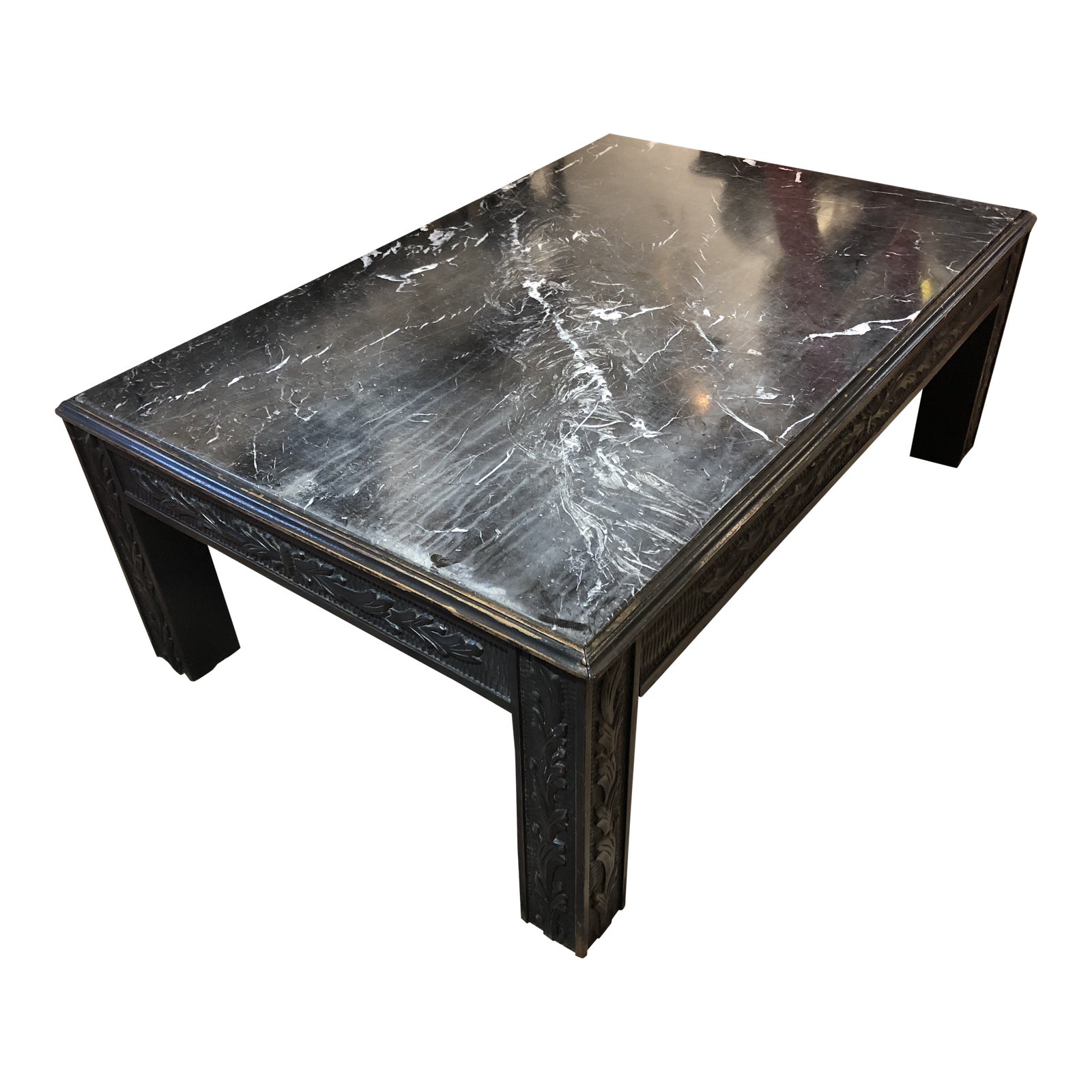 Black Marble Top Cocktail Table With Distressed Carved Wooden Base ...