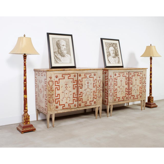 Spectacular pair of large 19th century Italian painted cabinets or chests painted in the Florentine Venetian style with...