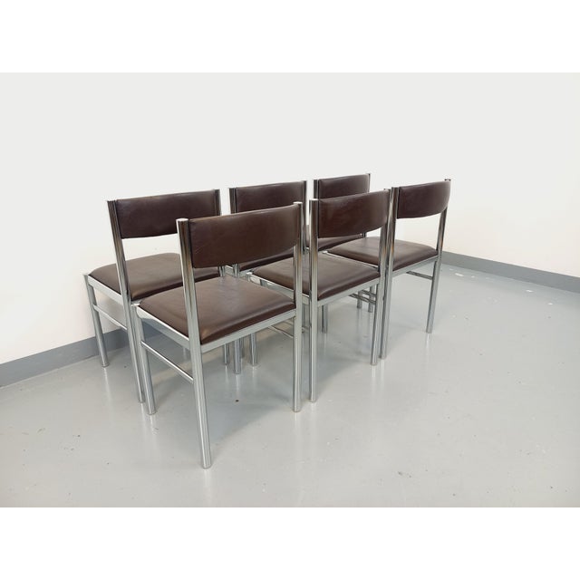 Vintage Chairs in Chromed Metal and Brown Imitation Leather, 1970s, Set of 6 For Sale - Image 12 of 18