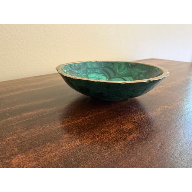 Late 20th Century Vintage Malachite Brass Rimmed Bowl For Sale - Image 5 of 8