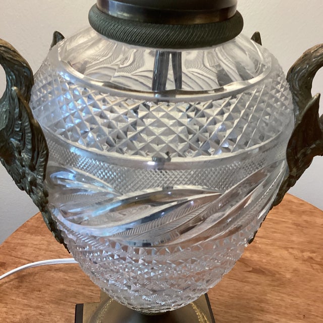 Metal Mid 20th Century Neoclassical Cut Crystal Urn Bronze Swan Handles Lamps For Sale - Image 7 of 13