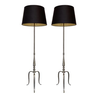 1950s Pair of French Mid-Century Modern Polished Nickel Tripod Floor Lamps For Sale