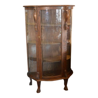 Antique Empire Oak Curved Bowfront Glass Curio Display Cabinet Paw Feet & Carved Lions For Sale